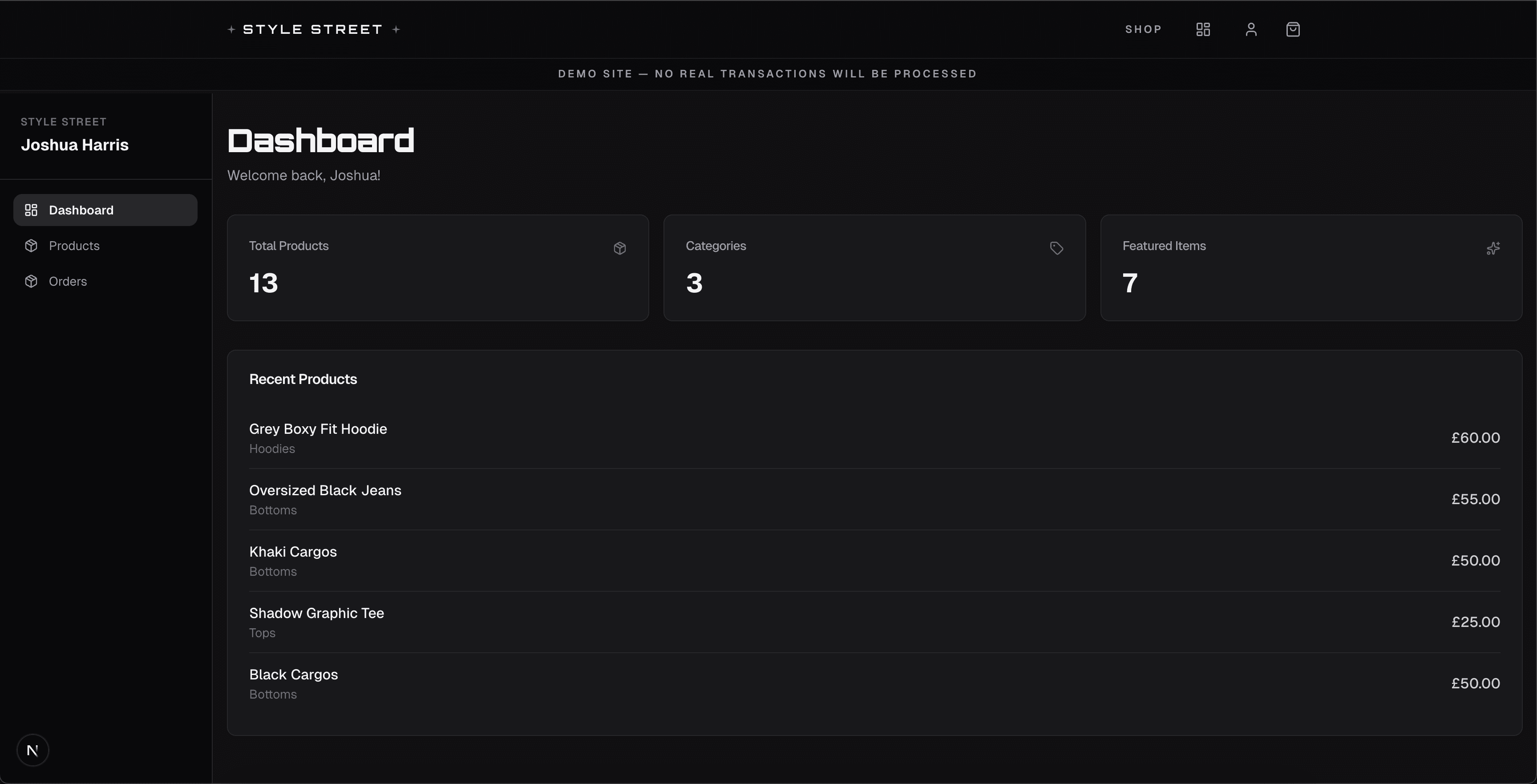 Style Street admin dashboard showing product and category counts