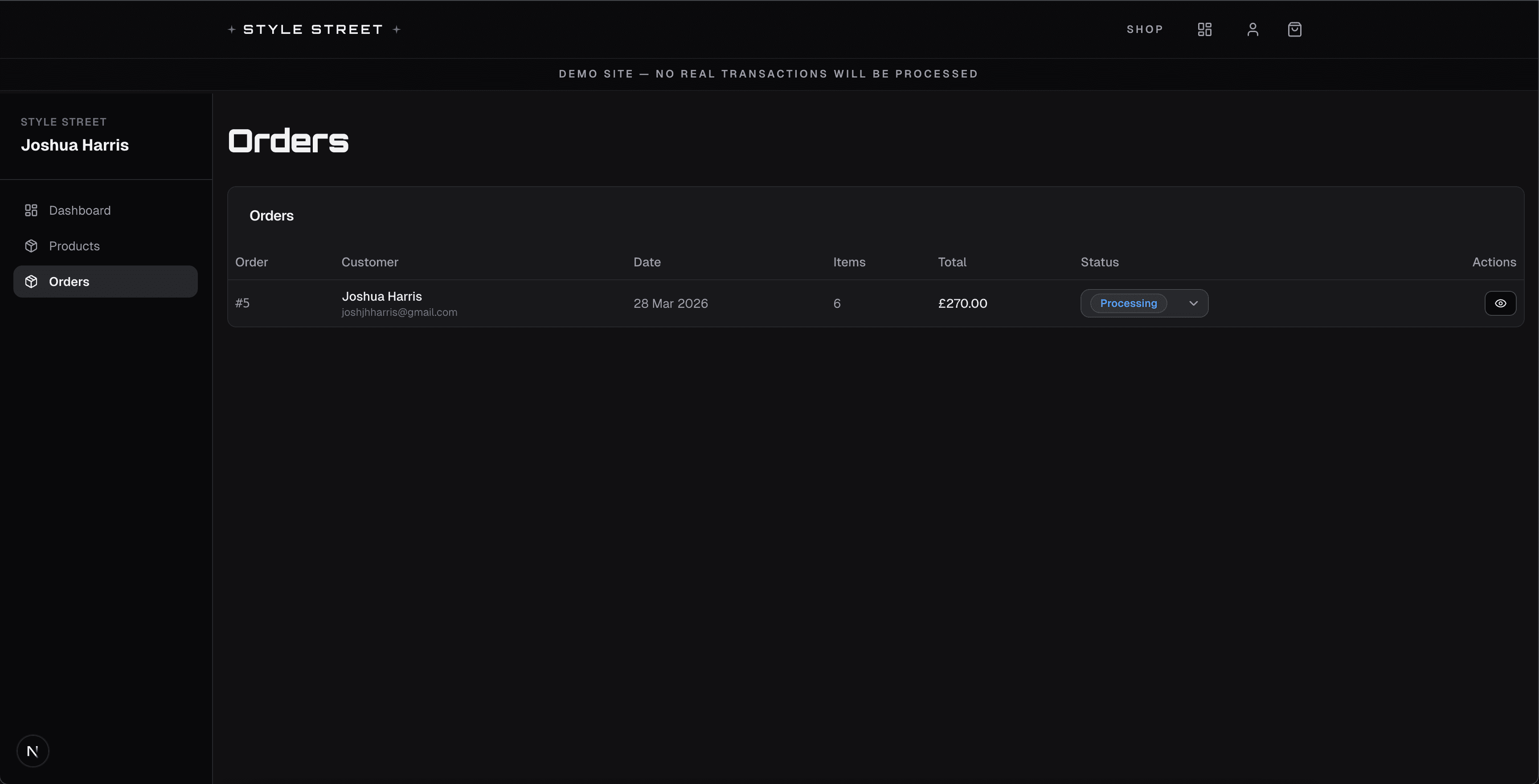 Style Street admin orders page showing order list with status management
