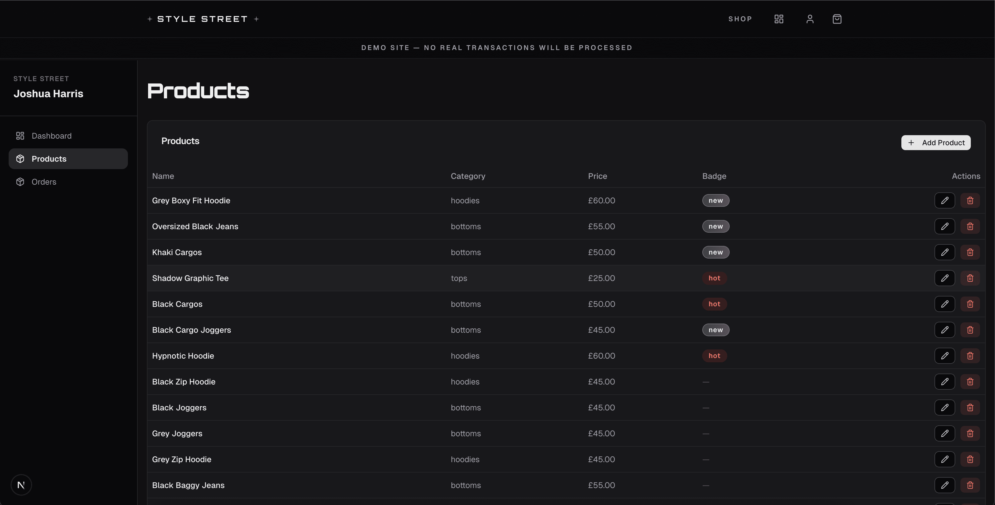 Style Street admin products page showing full product list with edit and delete actions